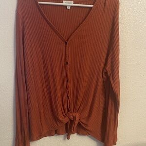 True Craft Ribbed Button-Up Tie-Front Top - Rust Orange